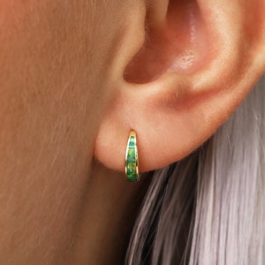 Garden Green Iridescent Opal Inlay Tapered Huggie Hoop Earrings • gold hoop earrings • minimalist jewelry • gift for her • gift for mom