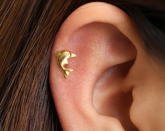 18G Baby Dolphin Flat Back Labret Stud • Cartilage Earring • Helix Piercing • Tragus Stud