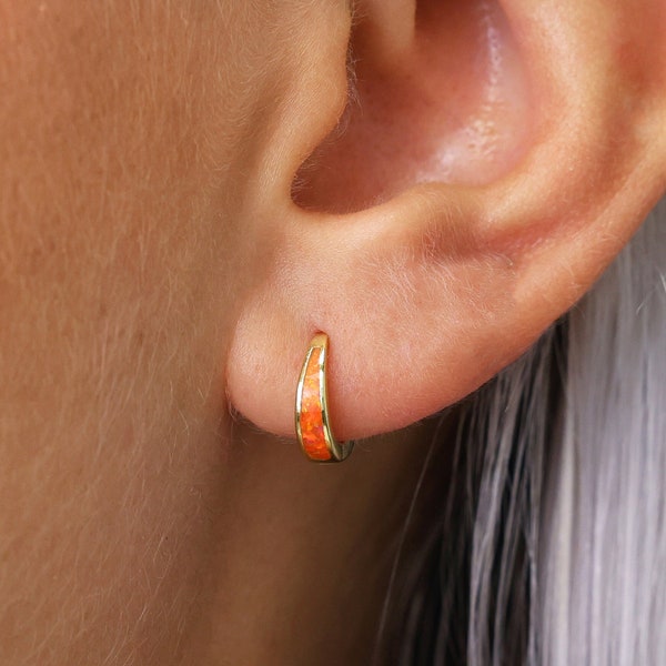 Red Fire Iridescent Opal Inlay Tapered Huggie Hoop Earrings • gold hoop earrings • minimalist jewelry • gift for her • gift for mom