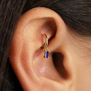 Tiny Sapphire Baguette Rook Hoop Earring • helix hoop • sapphire • diamond • baguette • cartilage hoops • elevado jewelry