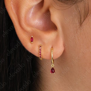 Ruby Teardrop Hoop Earring Set • gift for her • Ruby minimalist dainty earring gift •  Ruby earrings • July birthstone • holiday gift