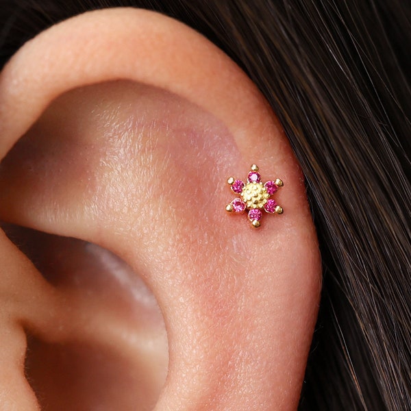 Ruby Sunflower Cartilage Stud • flat back labret • helix earring • 16G/18G/20G • elevado jewelry