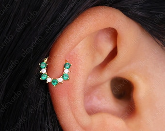 16G/18G/20G Emerald x Diamond Clicker Helix Hoop Earring • Emerald Nose Ring • Clicker Hoops • Septum Ring • Cartilage Hoops • Daith Hoops