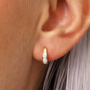 May include: Gold hoop earrings with a white opal inlay. The earrings are small and delicate.