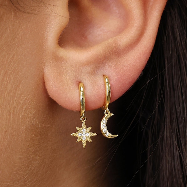 Mismatched Moon & Star Hoops • gold star hoop earrings • gold moon hoop earrings • moon and star earrings • celestial earrings • minimalist