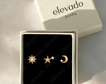 Celestial Earring Set: Gold Plated Sterling Silver Flat Back Earrings