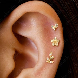 Lot de 3 • Boucles d'oreilles labret à dos plat Nature 16G/18G • Boucles d'oreilles cartilage floral • Boucles d'oreilles hélice • Boucles d'oreilles tragus • Boucles d'oreilles conque Nature