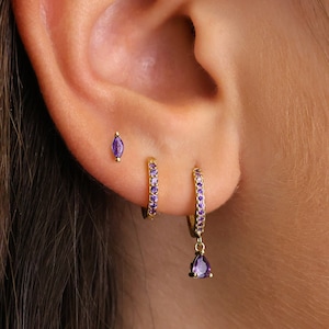 Amethyst Teardrop Hoop Earring Set • gift for her • amethyst hoops • minimalist dainty earrings • valentines day gift • personalized jewelry