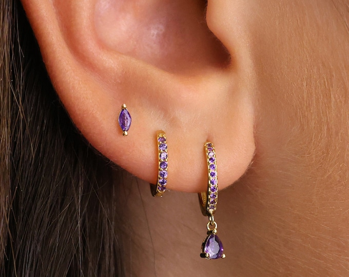 Amethyst Teardrop Sterling Silver Hoop Earring Set