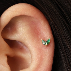 20G/18G Tiny Emerald Marquise Cartilage Threadless Push Pin Earrings • gold conch earring • tiny stud • helix• tragus studs • flat back