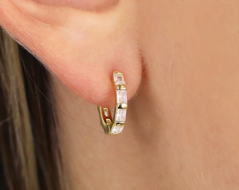 Paved Baguette Cut Huggie Hoop Earrings • small hoop earrings • tiny hoop earrings • dainty hoops • tiny hoops • huggie hoop earrings