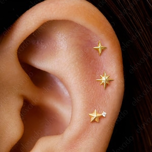 Set of 3 • 16G/18G Starburst Flat Back Earring Set • Star Cartilage Earrings • Star Helix Earrings • Tragus Earrings • Star Conch Earring
