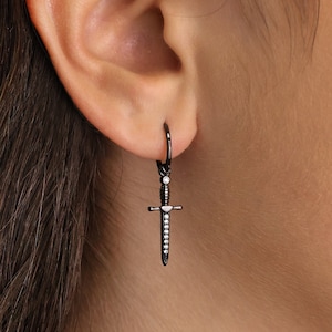 Gunmetal Black Paved Sword Hoop Earrings • No Hinge Design • Dagger Earrings • Edgy Earrings • Minimalist Jewelry