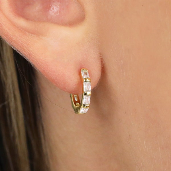 Paved Baguette Cut Huggie Hoop Earrings • small hoop earrings • tiny hoop earrings • dainty hoops • tiny hoops • huggie hoop earrings