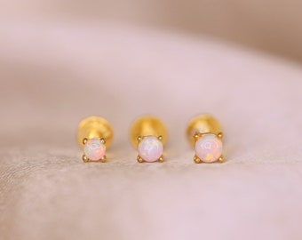 18G/16G White Fire Opal Threadless Push Pin Labret Stud • Solid 925 Sterling Silver • Flat Back Earring • Tragus • Helix • Conch