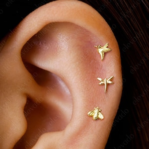 Set of 3 • 16G/18G Nature Flat Back Earring Set • Bird Cartilage Earrings • Bee Helix Earrings • Tragus Earrings • Nature Conch Earring
