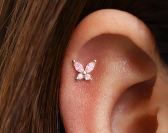 18G/16G Pink Butterfly Internally Threaded Labret Stud • Cartilage Earring • Tragus • Conch Stud • Cartilage Stud • Flat back Labret