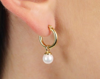 Dangle Freshwater Pearl Hoop • pearl charm hoops • huggie earrings • hoop earrings • delicate earrings • minimalist hoops • minimal earrings