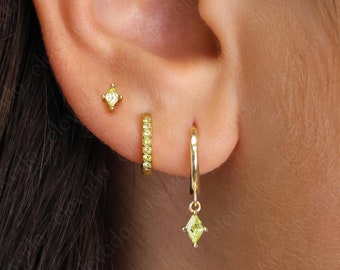 Apple Green Gemstone Huggie Hoop Set: Sterling Silver Dainty Earrings