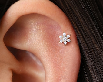 18G/16G Diamond Flower Cartilage Stud • flat back labret • helix earring • 16G/18G/20G • elevado jewelry