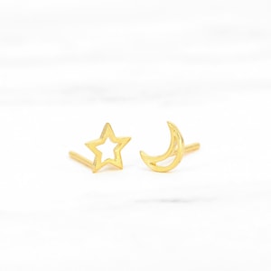 Hollow Moon and Star Earrings • mismatched celestial earrings • gold star earrings • silver moon stud earrings • moon and star earrings