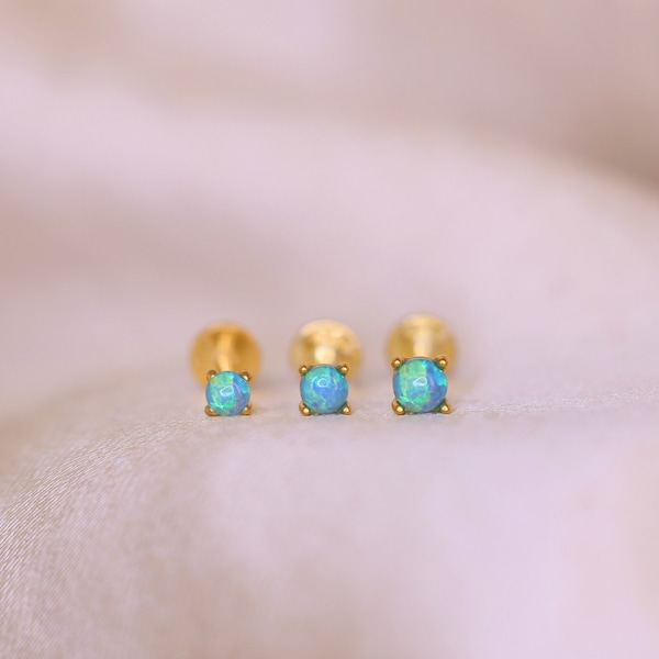 18G/16G Blue Fire Blue Opal Threadless Push Pin Labret Stud • Solid 925 Sterling Silver • Flat Back Earring • Tragus • Helix • Conch