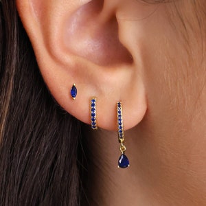 Sapphire Teardrop Hoop Earring Set • gift for her • sapphire hoops • minimalist dainty earrings • valentines day gift • personalized jewelry