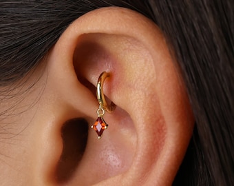 Tiny Garnet Dangle Rook Hoop Earring • gemstone helix hoop • rook earring • helix diamond hoop • cartilage earring • cartilage hoops