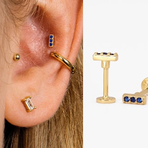 18G Tiny Sapphire Bar Cartilage Gold Stud Earrings • emerald tragus earrings • conch earrings • cartilage stud • tiny bar stud • helix stud