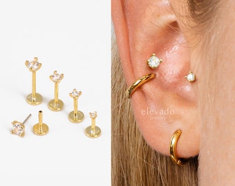 20G/18G/16G Threadless Gold Push Pin Labret Stud • Solid 925 Sterling Silver • Tragus Stud • Flat Back Earring • Helix • Conch