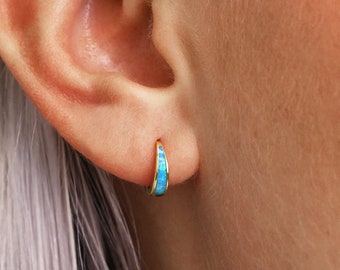 Blue Opal Inlay Huggie Hoop Earrings • 18k Gold Plated Sterling Silver