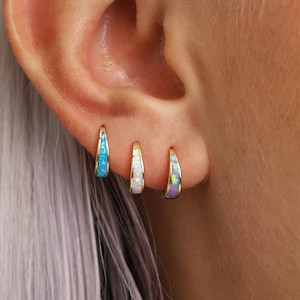 Opal Inlay Tapered Huggie Hoop Earrings • gold hoop earrings • minimalist jewelry • gift for her • gift for mom • gift ideas