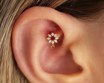 Ruby Flower Cartilage Hoop Earring • Rose Gold Plated Sterling Silver
