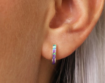 Iridescent Opal Inlay Huggie Hoop Earrings • 18k Gold Plated