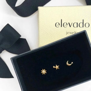 Tiny Celestial Flat Back Labret Stud Earrings set of 3 earrings star earrings sun earrings moon earrings celestial earrings image 1