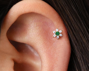 Emerald Diamond Flower Cartilage Stud • flat back labret • helix earring • 16G/18G/20G • elevado jewelry