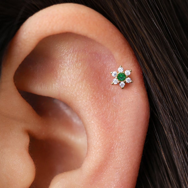 Emerald Diamond Flower Cartilage Stud • flat back labret • helix earring • 16G/18G/20G • elevado jewelry