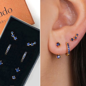 Sapphire Everyday Earring Gift Set • Front Back Earrings • Huggie Hoop Earrings • Birthstone Earring Set • gift ready for her • gift for mom