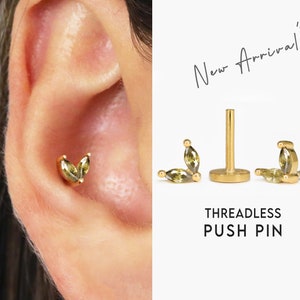 20G/18G Dainty Peridot Marquise Cartilage Threadless Push Pin Earrings • gold conch earring • tiny stud • helix• tragus studs • flat back