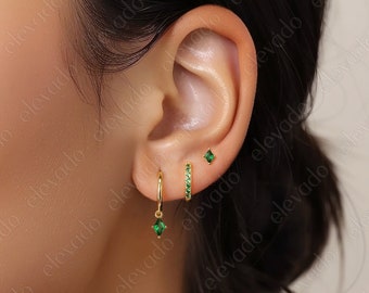 Sterling Silver Emerald Hoop Earring Set - Elevado Jewelry