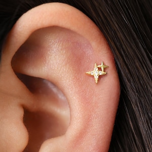 18G/16G Double Star Burst Flat Back Labret Stud • Cartilage Earring • Tragus • Conch Stud • Star Cartilage Stud • Flat back Labret