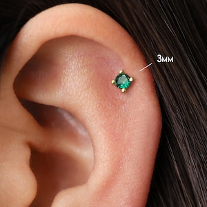 Clou labret sans filetage émeraude 18 g/16 g • Argent sterling 925 massif • Boucle d'oreille à l'arrière plat • Clou tragus • Hélice • Conque