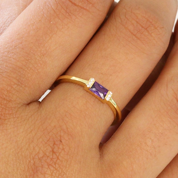 Amethyst Baguette Dainty Stacking Ring • Simple Gold Minimalist Ring • Sterling Silver Ring • Simple Amethyst Ring • Thin Delicate Ring Gift