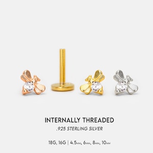18G/16G Tiny HoneyBee Internally Threaded Labret Stud • Cartilage Earring • Tragus • Conch Stud • Bee Cartilage Stud • Flat back Labret