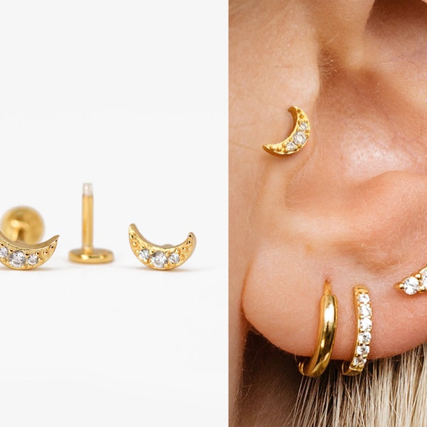 18G/16G Tiny Moon Cartilage Gold Stud Earrings • moon tragus earrings • moon conch earrings • cartilage • tiny moon studs • helix stud