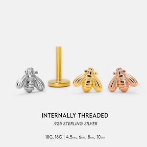 18G/16G Tiny Bee Internally Threaded Labret Stud • Bee Cartilage Earring • Gold Bee Tragus Conch Stud • Bee Cartilage Flat back Labret