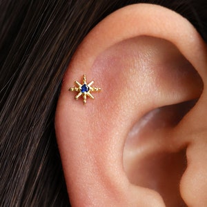 18G/16G Sapphire Star Cartilage Gold Stud Earrings • star tragus  • sapphire conch earrings • cartilage helix stud • flat back labret stud