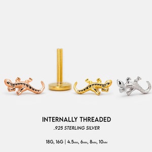 18G/16G Cute Gecko Internally Threaded Labret Stud • Cartilage Earring • Tragus • Conch Stud • Lizard Cartilage Stud • Flat back Labret