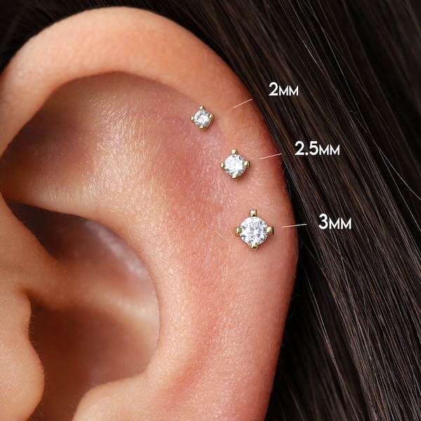 20G/18G/16G Threadless Gold Push Pin Labret Stud • Solid 925 Sterling Silver • Tragus Stud • Flat Back Earring • Helix • Conch