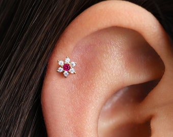 Ruby Diamond Flower Cartilage Stud • flat back labret • helix earring • 16G/18G/20G • elevado jewelry